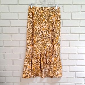 Cato Tropical Print Flowy Ruffle Yellow, Green & Cream Maxi Skirt. Size Small